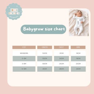 May include: A babygrow size chart from Indie Prints Co. featuring a table with columns for size, length, chest, and arm measurements in centimeters. A small photo shows a baby wearing a white babygrow with arrows indicating measurement points.