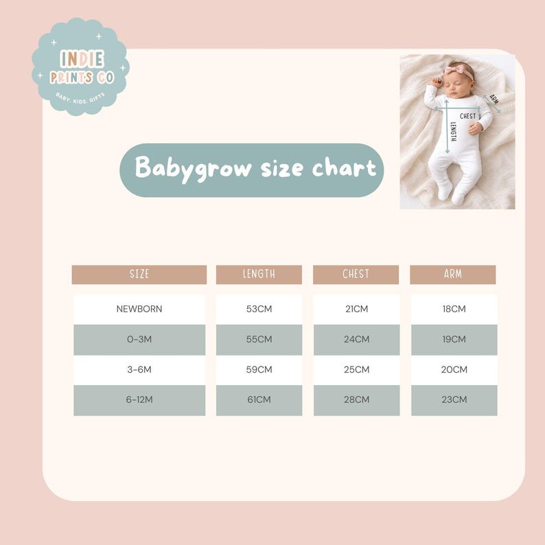 May include: A babygrow size chart from Indie Prints Co. featuring a table with columns for size, length, chest, and arm measurements in centimeters. A small photo shows a baby wearing a white babygrow with arrows indicating measurement points.
