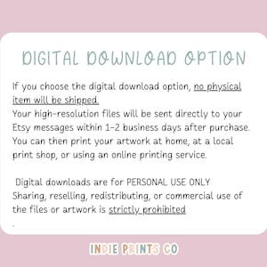 Puede incluir: Anuncio de opci&oacute;n de descarga digital sobre un fondo rosa claro. El texto indica que no se enviar&aacute; ning&uacute;n art&iacute;culo f&iacute;sico y que la obra de arte es solo para uso personal. El nombre de la tienda Etsy "INDIE PRINTS CO" est&aacute; en la parte inferior.