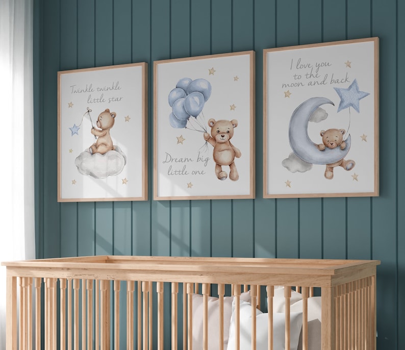 set of 3 nursery prints,teddy bear nursery,gender neutral nursery decor,baby boys,baby girls,unisex nursery,nursery decor,nursery wall art image 2