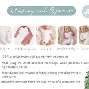May include: A product display titled Clothing and Pyjamas featuring five baby clothing items: a white babygrow, red stripe pajamas, a white vest, a red stripe babygrow, and white pajamas. Text highlights 100% cotton, high resolution printing, durability, and safe water-based inks.