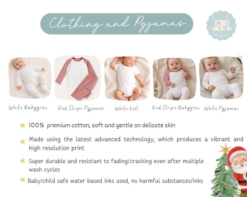 May include: A product display titled Clothing and Pyjamas featuring five baby clothing items: a white babygrow, red stripe pajamas, a white vest, a red stripe babygrow, and white pajamas. Text highlights 100% cotton, high resolution printing, durability, and safe water-based inks.