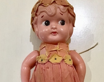 Celluloid doll, carnival kewpie doll, kewpie style doll, children’s toy, antique doll, vintage doll, doll with crepe paper dress