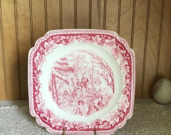 Red transfer luncheon plate, square Currier and Ives print, Homer Laughlin, Pilgrims