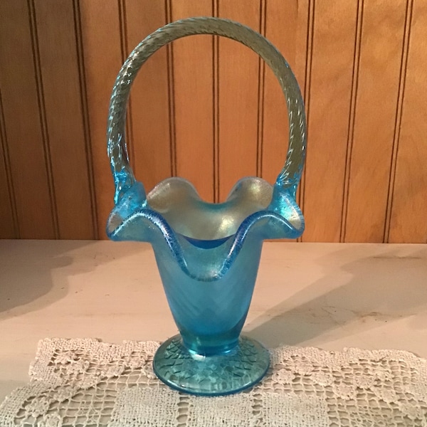 Fenton mini basket, Fenton basket, Fenton Celeste blue stretch glass, stretch glass basket, Fenton