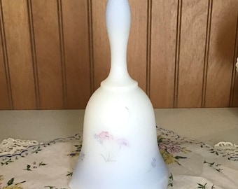Fenton bell, hand painted, signed by artist, white with blue airbrushing