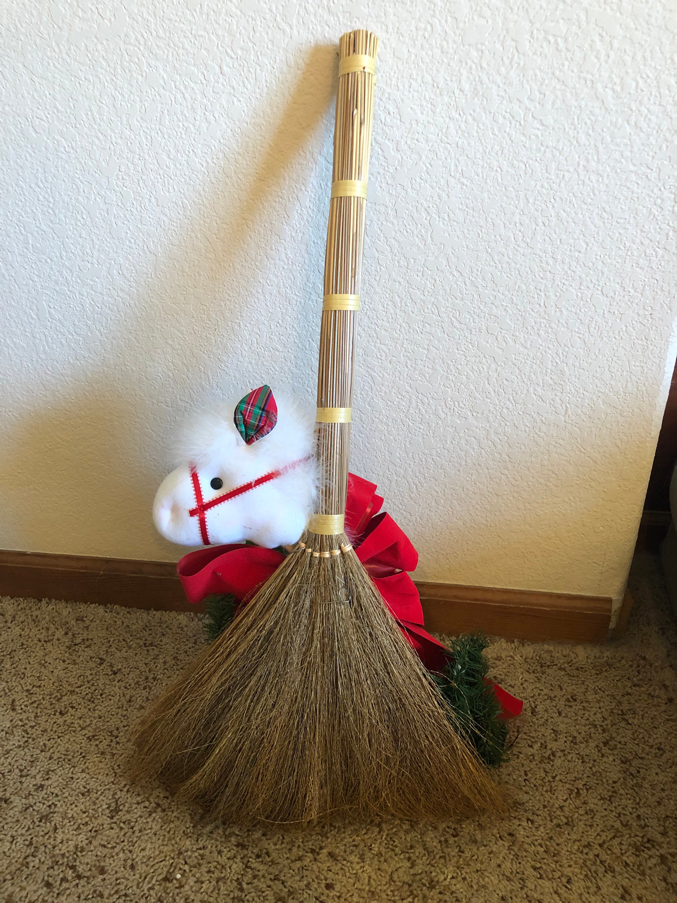 Christmas Straw Broom With White Horse Etsy