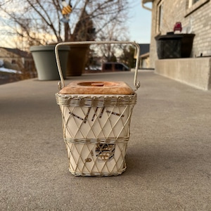 Ceramic Grease Jar/Bucket with Wooden Lid and Wire Mesh Case