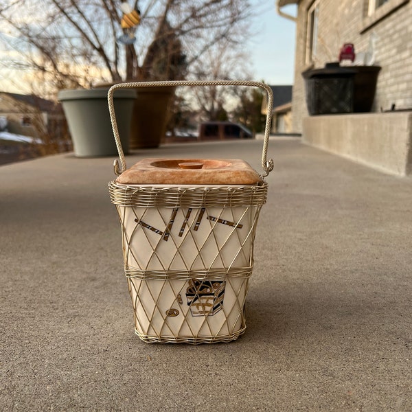 Ceramic Grease Jar/Bucket with Wooden Lid and Wire Mesh Case