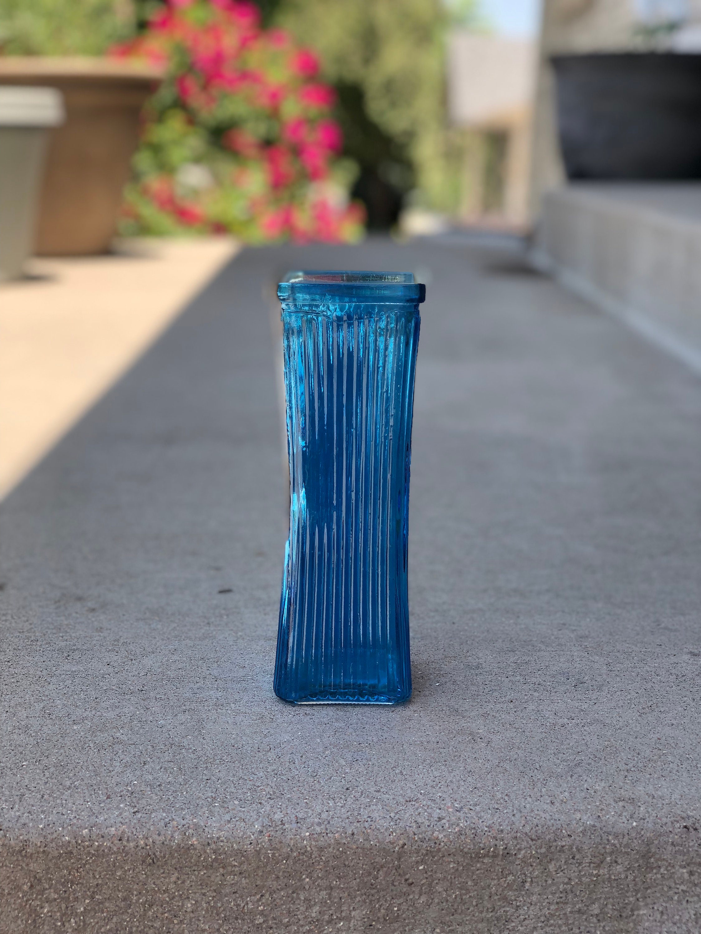 Bright Blue Square Ridged Glass Vase Etsy