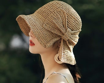 FT-SHOP Girls Sun Hat Summer Beach Straw Hats and Mini Cute Purse Sets with Flowers Decoation for Holiday Outdoor Activities