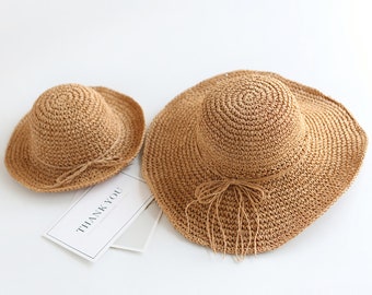 FT-SHOP Girls Sun Hat Summer Beach Straw Hats and Mini Cute Purse Sets with Flowers Decoation for Holiday Outdoor Activities