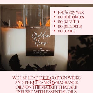 The image is a promotional image for candles, featuring a large candle labeled "Golden Hour" and highlighting its features such as 100% soy wax, no phthalates, no paraffin, no parabens, and no toxins. The image also mentions that the candles are made with lead-free cotton wicks and the cleanest fragrance oils on the market.