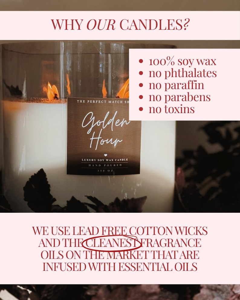 The image is a promotional image for candles, featuring a large candle labeled "Golden Hour" and highlighting its features such as 100% soy wax, no phthalates, no paraffin, no parabens, and no toxins. The image also mentions that the candles are made with lead-free cotton wicks and the cleanest fragrance oils on the market.