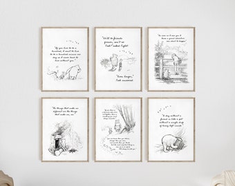 Winnie the Pooh Quote Prints, Set of 6 Prints, A.A. Milne Quotes, Nursery Print, Baby Room, Classic Pooh, Kids Room