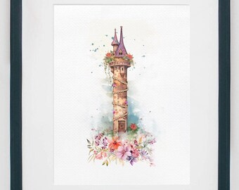 Rapunzel Watercolor Wall Art, Art Print, Repunzel's Tower Watercolor Print, Princess Artwork