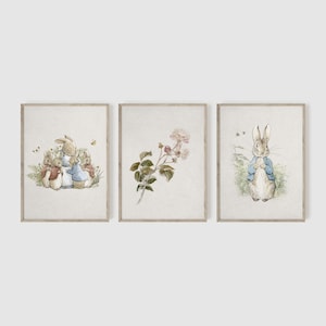Peter Rabbit, Set of 3, Vintage Bunny Nursery Wall Art, Beatrix Potter Prints, Girl Nursery Wall Art, Rabbit Art Print, Baby Shower Gift