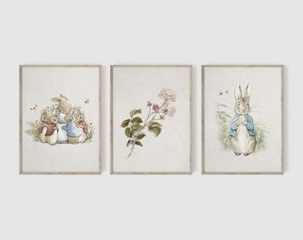 Peter Rabbit, Set of 3, Vintage Bunny Nursery Wall Art, Beatrix Potter Prints, Girl Nursery Wall Art, Rabbit Art Print, Baby Shower Gift
