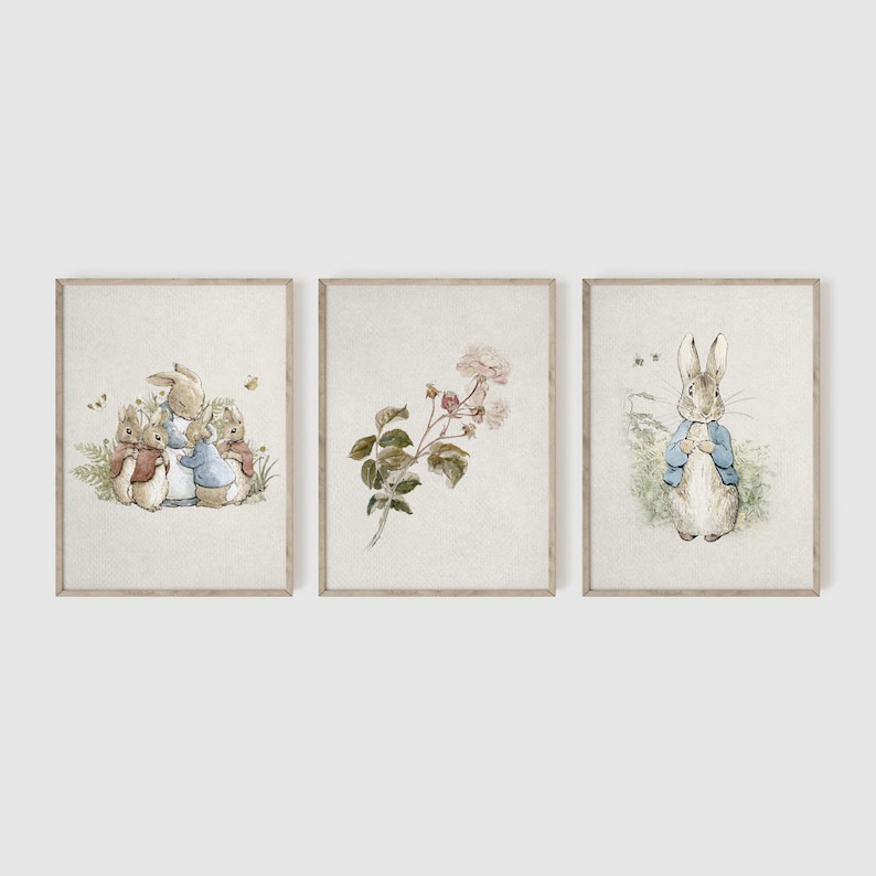 Peter Rabbit, Set of 3, Vintage Bunny Nursery Wall Art, Beatrix Potter Prints, Girl Nursery Wall Art, Rabbit Art Print, Baby Shower Gift immagine 1