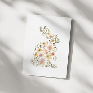 Floral Rabbit Illustration, Watercolor Bunny Easter Art Print, Cottagecore Nursery Decor Clean White