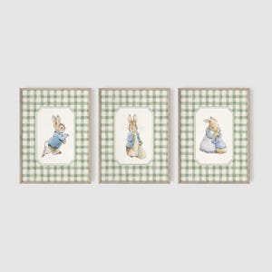 May include: Three framed watercolor prints featuring Peter Rabbit illustrations. Each print has a green and white gingham border and a cream-colored center with a rabbit in a blue jacket. The prints are displayed on a white background.