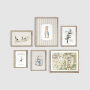 May include: A collection of framed art prints featuring illustrations of Peter Rabbit and scenes from the Beatrix Potter stories. The prints include images of rabbits, bicycles, and maps, all in neutral tones with wooden frames.