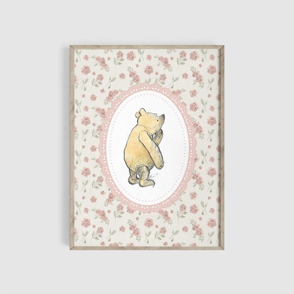 Winnie the Pooh Art Print, Nursery Print, Pooh Print, Vintage Art, Classic Pooh, Woodland Kids Room, Pink Art, Girl Baby Room, Playroom
