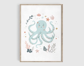 Octopus Print, Sea Nursery Art, Sea Animals Nursery, Nautical Nursery, Baby Shower Gift, Playroom Prints, Ocean Nursery, Kids Wall Art