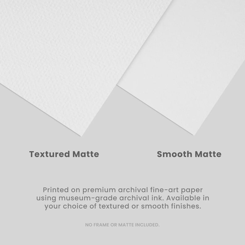 May include: Two white paper samples, one textured and one smooth, are displayed against a gray background. Text reads "Textured Matte" and "Smooth Matte". The text below states the paper is printed on archival fine-art paper with archival ink.