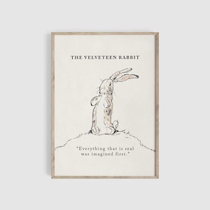 May include: A framed print featuring a sketch of a rabbit from "The Velveteen Rabbit." The rabbit is drawn in black ink, sitting on a small hill. The text "THE VELVETEEN RABBIT" is above the rabbit, and a quote is below.