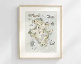 Peter Pan Neverland Map Art Print, Peter Pan Art Prints, Neverland Map, Watercolor Art, Nursery Art, Baby Shower Gift, Kids Room Print