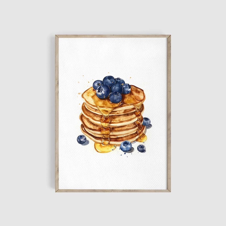 Blueberry Pancakes Watercolor Print, Brunch Art, Breakfast Print, Kitchen Wall Art Decor, Kitchen Gift, Food Illustration, Pancake Painting image 1