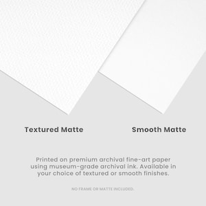 May include: A comparison of two white paper samples: Textured Matte and Smooth Matte. The image includes text stating the prints are made with archival ink on fine-art paper, available in textured or smooth finishes.