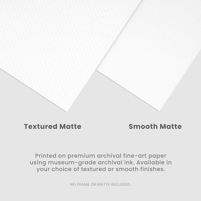 May include: A comparison of two white paper samples: Textured Matte and Smooth Matte. The image includes text stating the prints are made with archival ink on fine-art paper, available in textured or smooth finishes.