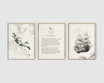 Peter Pan Nursery, Set of 3, Peter Pan Art, Classic Peter Pan and Wendy Art Prints, Classic Nursery, Neutral Nursery Wall Art, Baby Gift