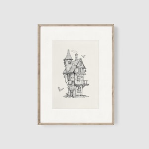 May include: A black and white line drawing of a whimsical, multi-level house with a pointed roof and a chimney. The house is surrounded by birds in flight.