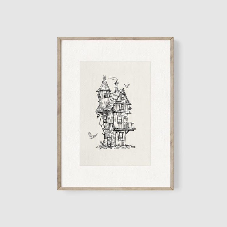 May include: A black and white line drawing of a whimsical, multi-level house with a pointed roof and a chimney. The house is surrounded by birds in flight.