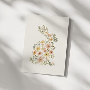 Floral Rabbit Illustration, Watercolor Bunny Easter Art Print, Cottagecore Nursery Decor Vintage Cream