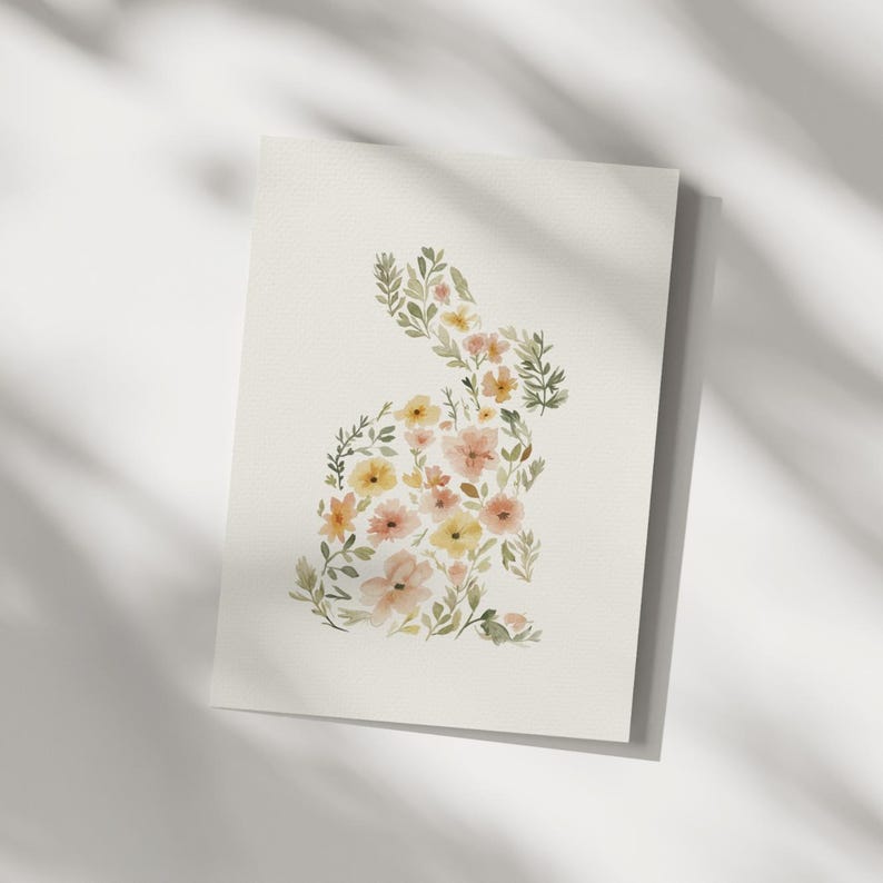 Floral Rabbit Illustration, Watercolor Bunny Easter Art Print, Cottagecore Nursery Decor Vintage Cream