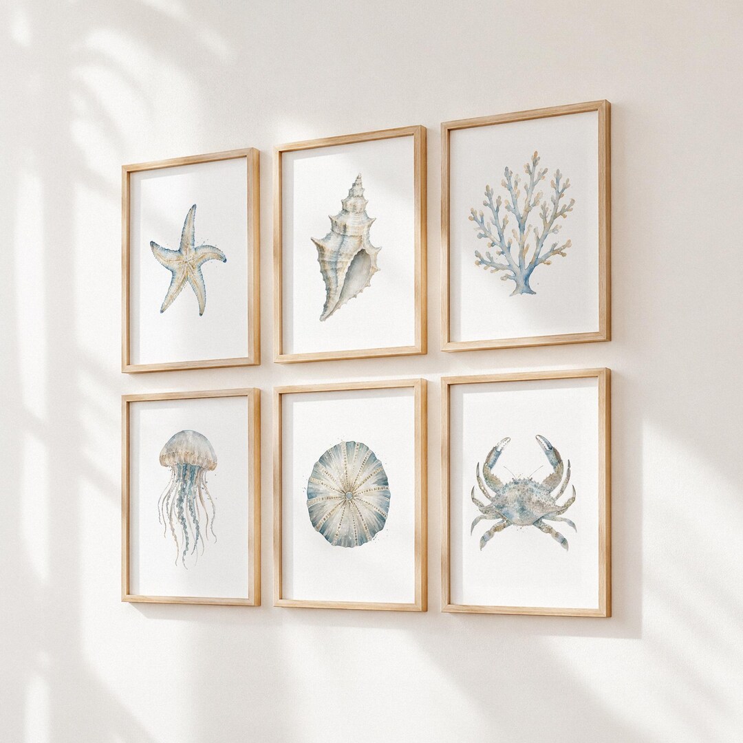 Coastal Seashell Wall Art Set, Blue Watercolor Ocean Prints, Starfish ...