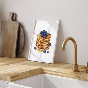 Blueberry Pancakes Watercolor Print, Brunch Art, Breakfast Print, Kitchen Wall Art Decor, Kitchen Gift, Food Illustration, Pancake Painting image 3