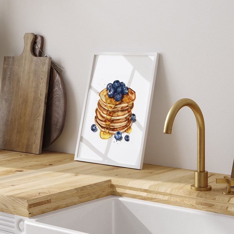 Blueberry Pancakes Watercolor Print, Brunch Art, Breakfast Print, Kitchen Wall Art Decor, Kitchen Gift, Food Illustration, Pancake Painting image 3
