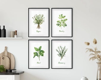 Set of 4 Herbs Paintings, Gallery Wall Set, Thyme Basil Rosemary Parsley, Kitchen Art Decor, Kitchen Gift, Food Gift, Herbs Kitchen Art