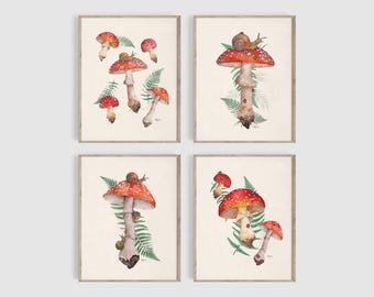 4 Set Mushroom Illustrated Art Prints, Fungi Art, Mushroom Decor, Nature Illustration