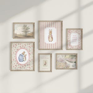 May include: A collection of six framed art prints featuring illustrations of Peter Rabbit and floral designs. The frames are a light brown color. The prints include images of rabbits, landscapes, and inspirational quotes.