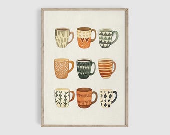 May include: A digital illustration of nine mugs with different geometric patterns in shades of brown, green, and white. The mugs are arranged in three rows of three.