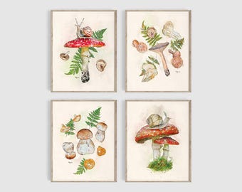 4 Set Snails and Mushrooms Watercolor Art Prints