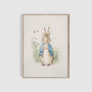 May include: A watercolor illustration of Peter Rabbit, a brown rabbit wearing a blue jacket, standing in a field of green grass. The rabbit is looking at the viewer with a curious expression.