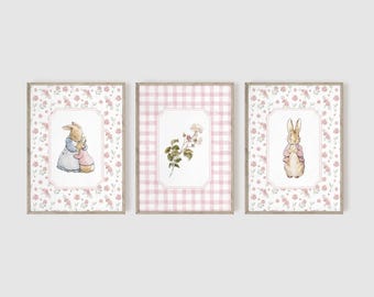Peter Rabbit 3 Set Print, Farm Nursery, Vintage Nursery, Beatrix Potter, Peter Rabbit Prints, Pink Girl Nursery Decor, New Baby Gift #2