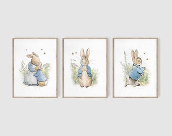 Peter Rabbit Nursery Prints, Set of 3, Woodland Nursery, Vintage Bunny Nursery, Nursery Wall Art, Baby Shower, Beatrix Potter, Cottontail P2